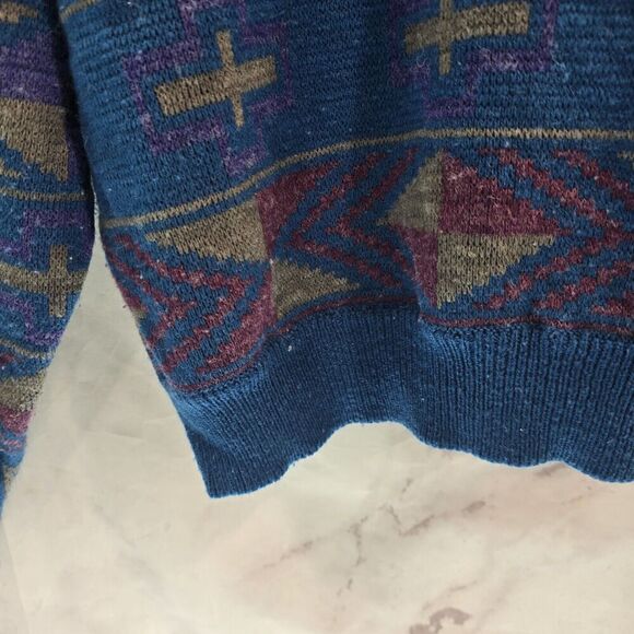 Vintage Sweater Mens Large Blue 90s Wool Pullover Crew Neck Southwestern Aztec - Picture 8 of 10